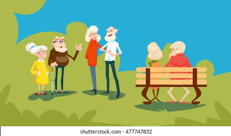 Senior People Group Friends Outdoors Park Meeting Communication Flat Vector Illustration