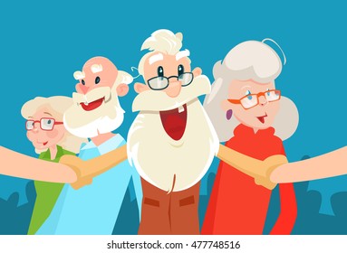 Senior People Group Grandparents Selfie Photo Flat Vector Illustration