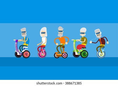 Senior People Group Ride Segway Old Man Woman Electric Scooter Modern Transport Set Collection Flat Vector Illustration