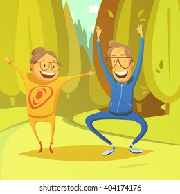 Senior people and gymnastics background with forest and field cartoon vector illustration 