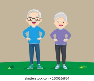 Senior people and gymnastics. Elderly couple. Grandparents doing exercises. Sport. Morning exercises.