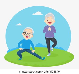 Senior people and gymnastics. Elderly couple. Grandparents doing exercises. yoga, Sport. Morning exercises.