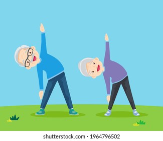 Senior people and gymnastics. Elderly couple. Grandparents doing exercises. yoga, Sport. Morning exercises.