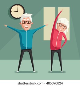 Senior people and gymnastics. Elderly couple. Grandparents doing exercises. Sport. Morning exercises. Cartoon vector illustration