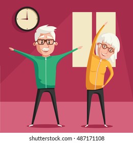 Senior people and gymnastics. Elderly couple. Grandparents doing exercises. Sport. Morning exercises. Cartoon vector illustration