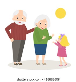 Senior people happy leisure time with granddaughter. Happy Grandparents with little granddaughter. Vector illustration