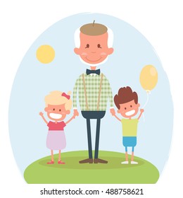 Senior people happy leisure time with granddaughter. Happy Grandfather with little granddaughter and grandson. Vector illustration