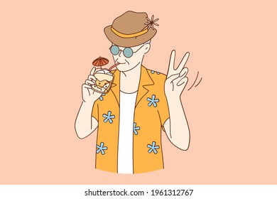 Senior people happy lifestyle concept. Funny and extravagant senior man posing on pink background drinking cocktail having fun partying vector illustration 