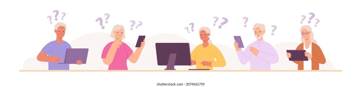 Senior people have problem with technology, phone, computer and tablet. Elderly characters trouble with communication gadgets vector concept. Retired man and woman studying to use devices