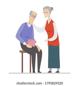 Senior people having financial problems - flat design style illustration with cartoon characters. Retired man holding an empty piggy bank, woman comforting him. Elderly people care and support idea