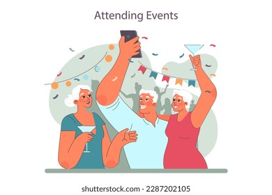 Senior people having fun at dance party or celebration event. Happy old man and woman dancing with drinks. Retired people with an active modern lifestyle. Flat vector illustration