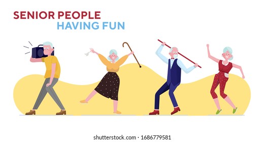 Senior people having fun set. Old man and woman dancing with cane, tape recorder flat vector illustration. Retired, party, celebration concept for banner, website design or landing web page