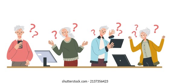 Senior people having problems with gadget concept flat graphic illustration