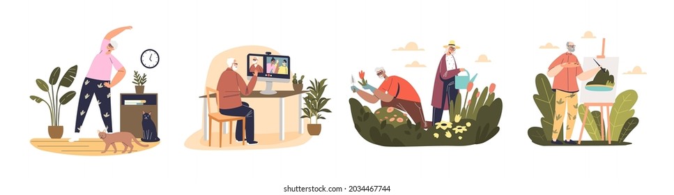 Senior People Hobbies And Leisure Activities Set: Older Men And Women Exercising, Gardening, Painting And Making Video Calls To Family. Cartoon Flat Vector Illustration