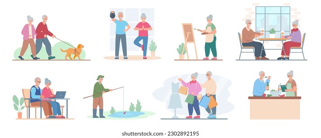 Se organizan pasatiempos para personas mayores y actividades de ocio. Ancianos caminando, pintando, cocinando, relajándose y haciendo ejercicio. Retiro de estilo de vida activo saludable para ilustración vectorial de abuelos.