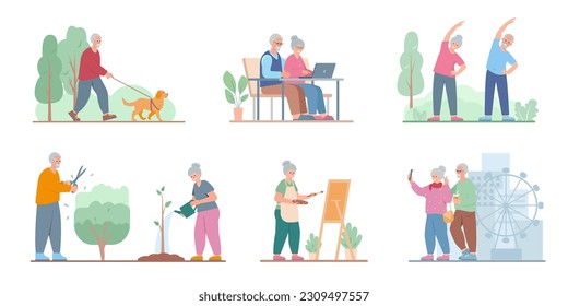 Senior people hobbies and leisure activities set. Elderly men and women walking, gardening, painting, traveling and exercising. Healthy lifestyle in retirement vector cartoon or flat illustration.