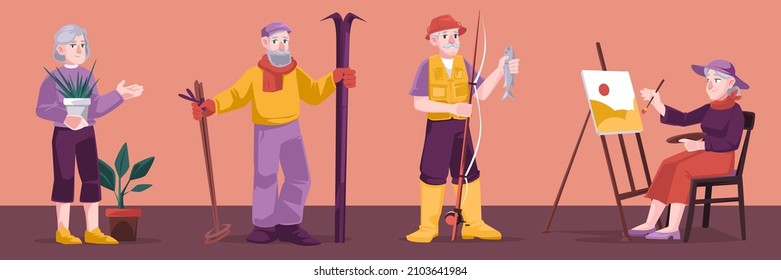 Senior people hobby and active lifestyle. Elder male and female character painting, gardening, skiing and fishing. Aged men and women having leisure, fun, sport. Cartoon people vector illustration