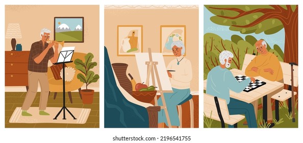 Senior People Hobby Cocnept Vector Set. Old Man Playing Music At Nursing Home, Eldery Woman Painting At Home, Couple Of Seniors Playing Chess In A Park