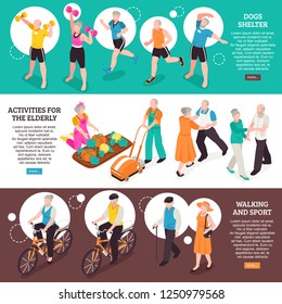 Senior people horizontal banners set with walking and sport symbols isometric isolated vector illustration
