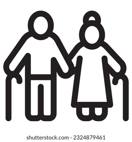 Senior people icon, Elderly couple with a cane stick, Vector outline icon.