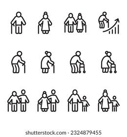 Senior people icon set, Aging society, Vector outline icon.