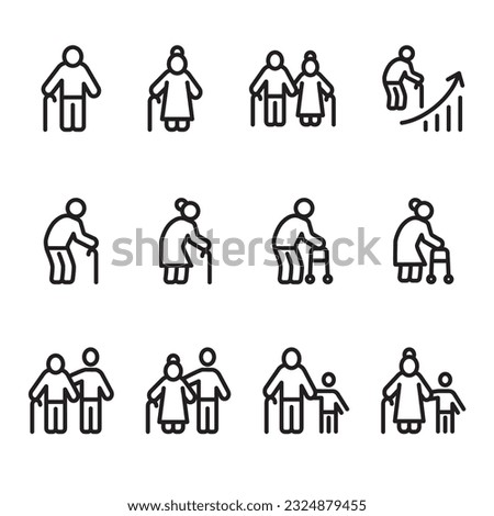 Senior people icon set, Aging society, Vector outline icon.