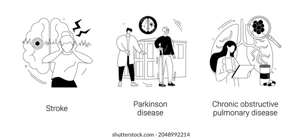 Senior People Illness Abstract Concept Vector Illustration Set. Stroke And Parkinson Disease Tremor, Chronic Obstructive Pulmonary Disease, Headache, Shortness Of Breath, First Aid Abstract Metaphor.