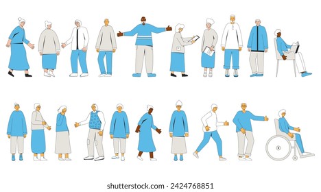 Senior people isolated on white background. Older adult characters on retirement set. Collection of elderly men and women. Vector flat illustration.
