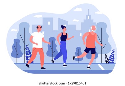 Senior people jogging in city park. Old men and women running marathon flat vector illustration. Lifestyle and sport concept for banner, website design or landing web page
