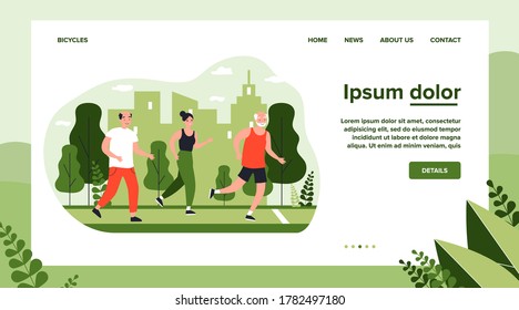 Senior people jogging in city park. Old men and women running marathon flat vector illustration. Lifestyle and sport concept for banner, website design or landing web page