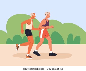 Senior people jogging, running in park. Elderly couple, outdoor training and cardio exercise. Active joggers, runners, old husband and wife, spouse, workout in nature. Flat vector illustration