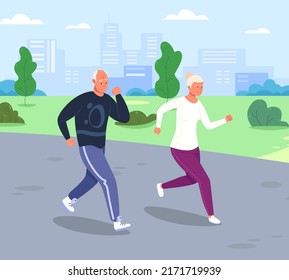 Senior people jogging. Seniors running marathon in city park, elder sport cardio exercising fitness training, healthy grandma grandfather retirement, vector illustration. Marathon lifestyle jogging