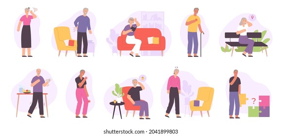 Senior people joint diseases, health problems, alzheimer and dementia. Elderly with heart ache, memory, hearing and vision lost vector set. Retired characters suffering from illnesses