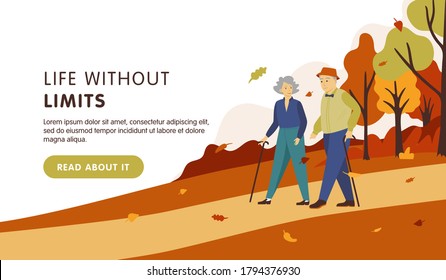 Senior people landing page template. Cute elderly couple walking in the park in autumn. Vector flat cartoon illustration