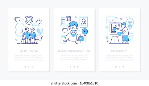 Senior People Line Design Style Web Banners With Copy Space For Text. Social Issues, Elderly Care. Retired Couple, Blood Pressure Control, Art Therapy Illustrations. Healthcare And Active Lifestyle