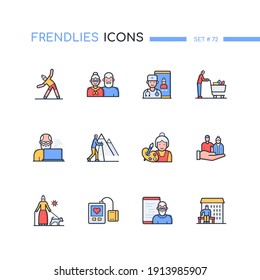 Senior People - Line Design Style Icons Set. Elderly Care Idea. Volunteering, Medical Consultation, Nursing Home, Blood Pressure Control, Art Therapy, Ski Walking, Fitness. Pets, Shopping, Internet