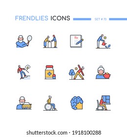 Senior people - line design style icons set. Elderly care idea. Recreation, prescription, medicine, driving, gardening, fall prevention, gymnastics, disabled, brain disorder prevention, loneliness