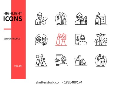 Senior People - Line Design Style Icons Set. Social Issues, Elderly Care Idea. Volunteering, Medical Consultation, Nursing Home, Blood Pressure Control, Art Therapy, Ski Walking, Fitness, Pets, Family