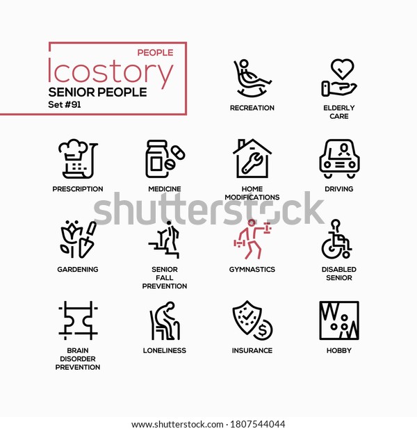 Senior people line design style icons set.\
Elderly care, hobby, health problems idea. Rehabilitation, driving,\
gardening, fall, brain disorder prevention, gymnastics, disabled,\
loneliness, insurance