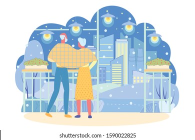 Senior People in Love under Blanket Looking at Snowy Town Flat Cartoon Vector Illustration. Winter Season Time. Christmas or New Year Period. Dark Sky with Stars. Buildings on Background.