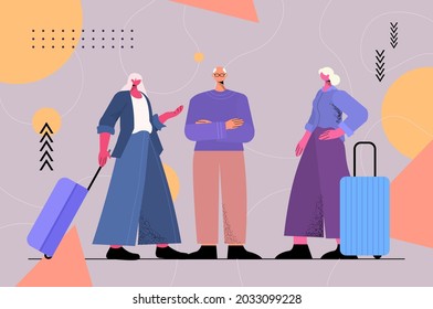 senior people with luggage discussing during meeting at airport terminal traveling active old age concept