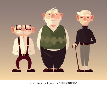 senior people men characters cartoon with glasses and walk stick vector illustration