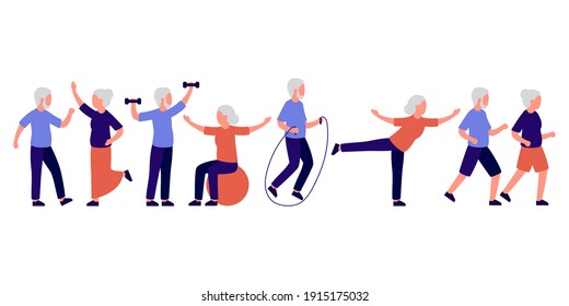 Senior people men and women doing sport, active spending time together on leisure. Old family couple dance, exercise, run. Vector isolated illustration