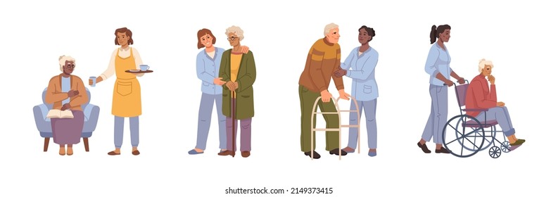 Los ancianos de los centros de enfermería reciben atención de enfermeras y auxiliares de ayuda. Caricatura vectorial plana, libro de lectura de abuela, abuelo tratando de caminar con palo, ayuda con silla de ruedas