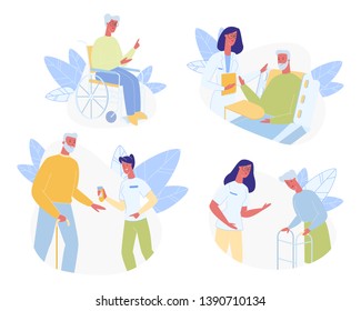 Senior People in Nursing House Set Isolated on White Background. Volunteer Medicine Assistance to Aged Male and Female Characters. Disabled Old Men, Women and Doctor. Cartoon Flat Vector Illustration.