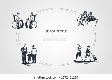 Senior people - old couples sitting on wheelchairs, reading newspaper, travelling and walking with grandchildren vector concept set. Hand drawn sketch isolated illustration