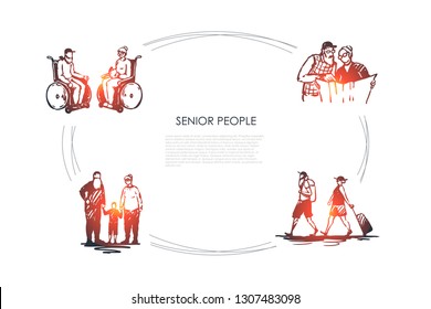 Senior people - old couples sitting on wheelchairs, reading newspaper, travelling and walking with grandchildren vector concept set. Hand drawn sketch isolated illustration