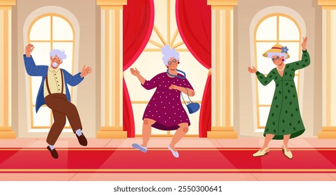 Personas mayores. Viejo y viejo. Abuelos positivos bailando en el salón de baile. Personas jubiladas diversión. Feliz abuela y abuelo. Fiesta de discoteca para mayores. Bailarines de pelota. Discoteca Vector Joy