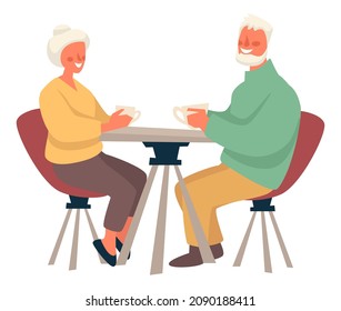 Personas mayores en fecha, hombres y mujeres tomando café en café o restaurante. Abuela o abuelo sentados junto a una mesa y hablando. Comunicación y retiro feliz. Vector de estilo plano