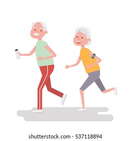 Senior people on scamper . Elderly woman run with armband for jogging. Adult people sport activities. Vector Illustration